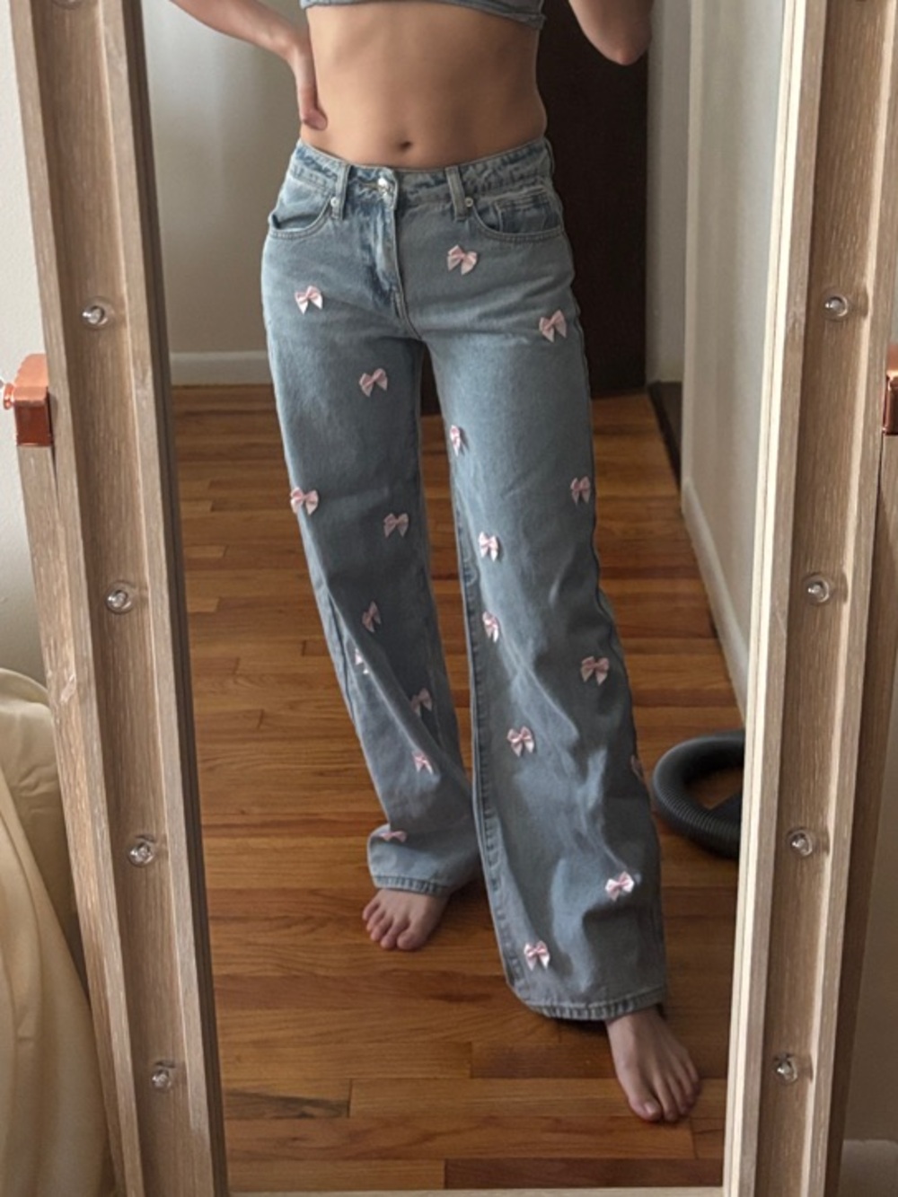 Edikted XS Lucille Satin Bow Wide Leg Jeans